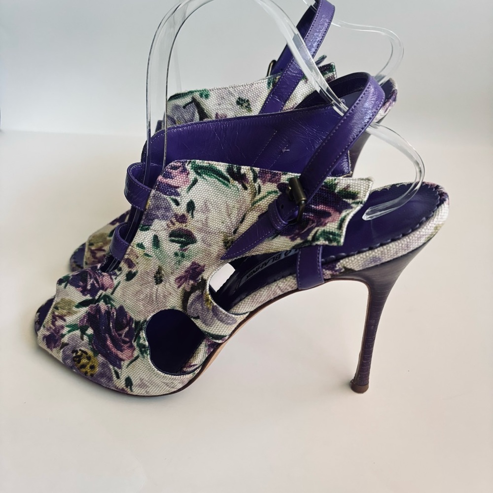 Manolo Blahnik Floral Cotton Slingback Purple Heels Sandals Shoe Size 11.5 - Picture 6 of 15